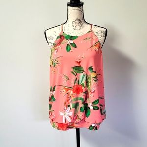 EXPRESS spaghetti strap shirt, coral with tropical pattern in large